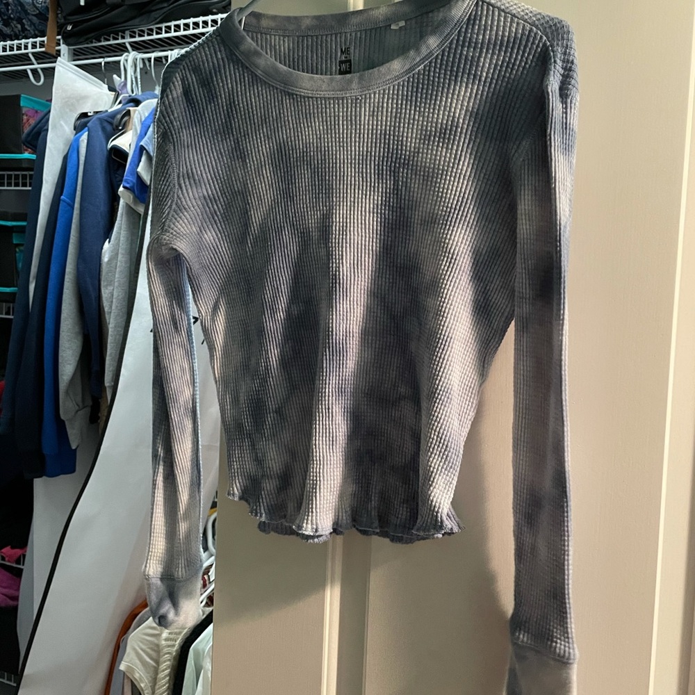 Women’s Long Sleeve Ribbed Tie-Dye Top - Gray